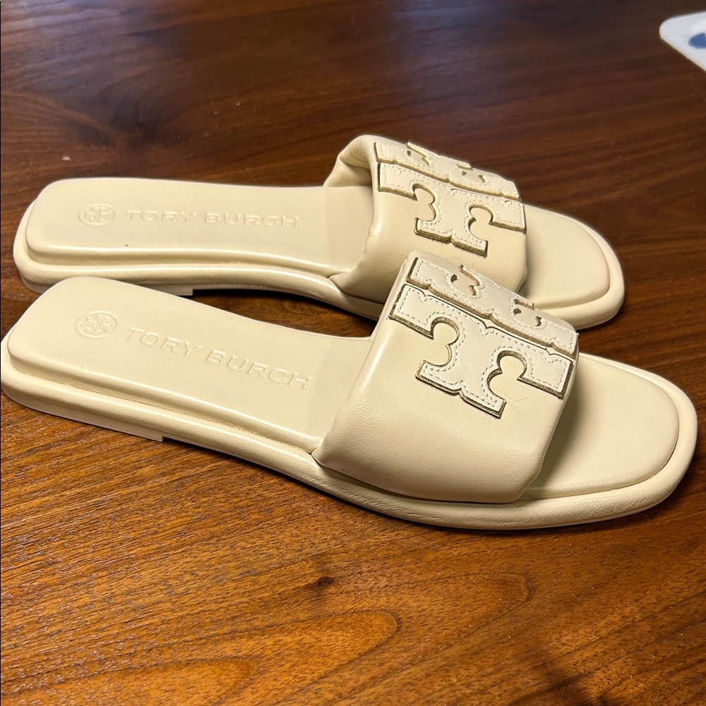 Tory Burch Dolce de Leche Double-T Monogram Padded Leather Slide Sandals - Picture 5 of 5